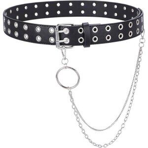 Double GrommetBelt for Women Men PULeather Double Prong Buckle Vintage Punk Rock